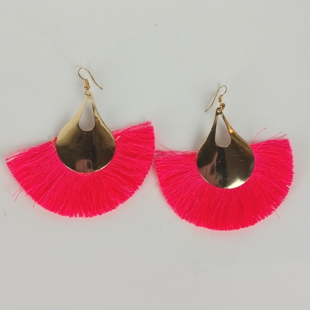 Gold Earrings with Neon Pink Tassels